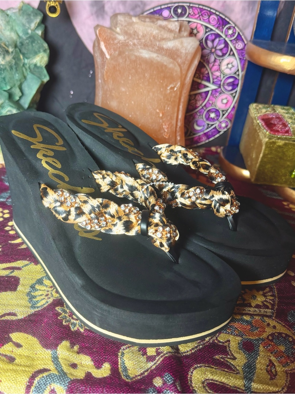 Y2k 2000’s Sketchers Wedge Platform Flip Flops Leopard Print Bling Size 6